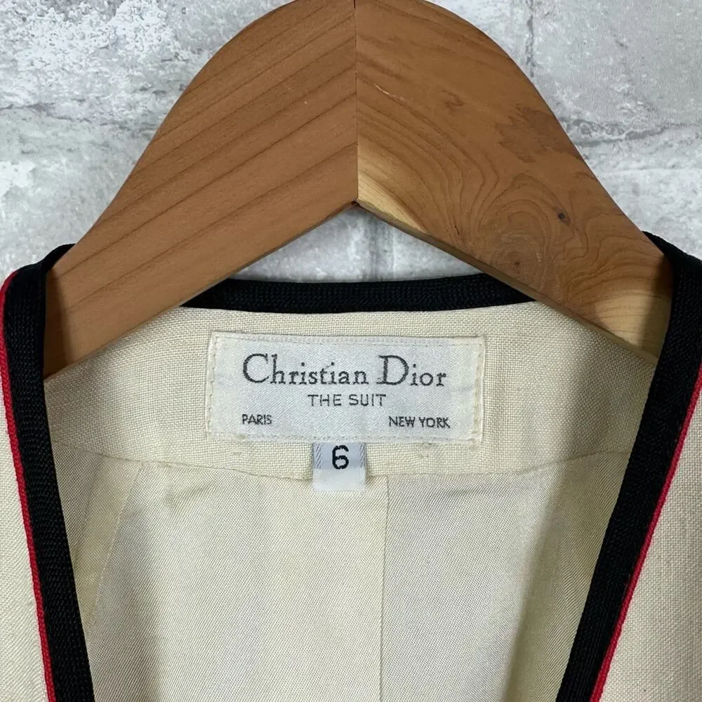 Vintage Christian Dior Linen Blend Jacket Size 6 Cream Black Red Classic Prep